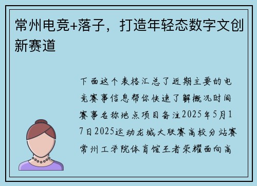 常州电竞+落子，打造年轻态数字文创新赛道